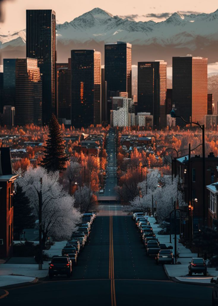 Downtown Denver Colorado on a frosty fall morning with snow capped mountains in the background.
