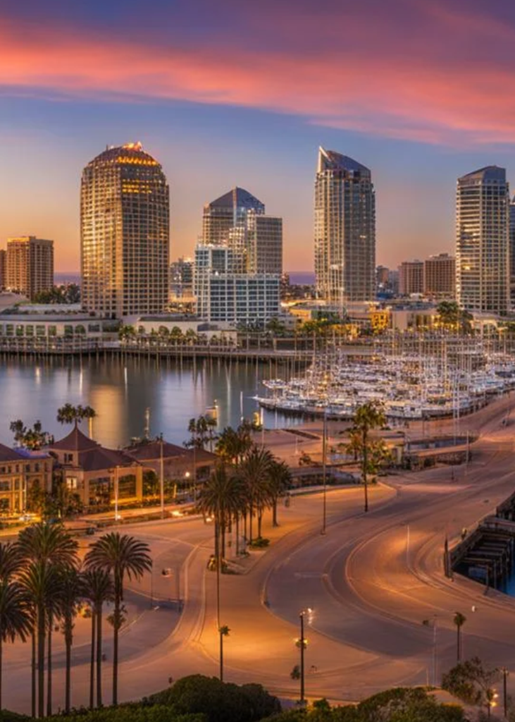 The Marina in San Diego with downtown in the background during a beautiful sunset. 