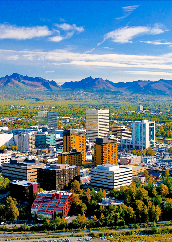 A sunny summers day in Anchorage Alaska, looking across down town.