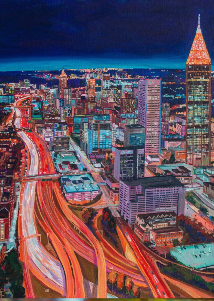 A breathtaking sunset view over Atlanta, Georgia, with the sky glowing in warm hues of orange, pink, and purple. The city skyline, featuring towering skyscrapers like the Bank of America Plaza and Mercedes-Benz Stadium, is bathed in the fading sunlight. Below, the intricate network of highways weaves through the city, with streaks of headlights and taillights illuminating the roads as traffic moves through. In the distance, the rolling Georgia landscape stretches beyond the urban center, capturing the perfect blend of energy, modern architecture, and Southern charm as day transitions into night.