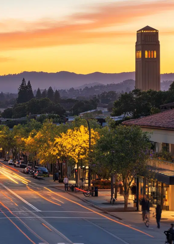 A stunning sunset view over Palo Alto, California, with the sky glowing in warm hues of orange, pink, and purple. The historic clock tower on High Street stands tall, its elegant architecture illuminated by the fading sunlight. Below, the charming streets are lined with shops, trees, and bustling cafés, blending small-town charm with modern energy. The soft glow of streetlights begins to emerge, adding warmth to the scene as the vibrant sky reflects off nearby buildings. The view captures the timeless beauty and dynamic spirit of Palo Alto as day transitions into night.
